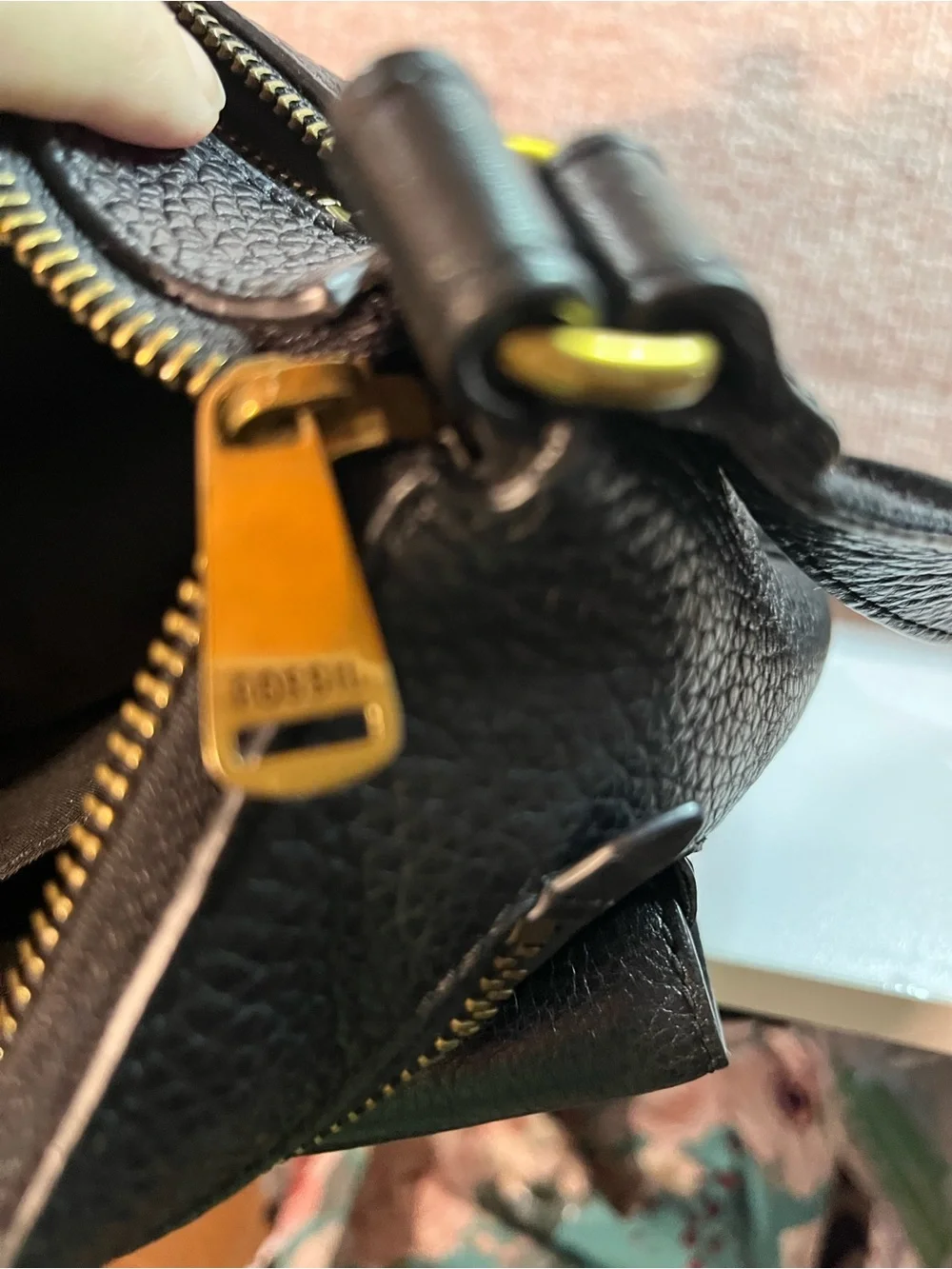 Fossil Black Pebbled Leather Crossbody Bag with Gold Hardware